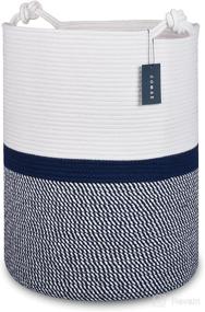 img 4 attached to COMSE Extra Large Blanket Basket: Stylish Tall Storage and Laundry Basket, 15.7”x 21.7”, Cotton Rope, XXXL Size for Toys, Clothes, and More, White/Navy Blue Blend