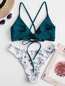 img 2 attached to ZAFUL Women'S Swimsuit Bikini Set With Scale Print And Lace-Up Crisscross Bralette
