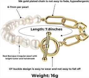 img 1 attached to 18K Gold Plated Half Pearl & Paperclip Link Bracelet For Women With Toggle Clasp