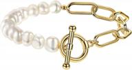 18k gold plated half pearl & paperclip link bracelet for women with toggle clasp logo