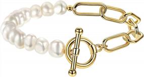 img 4 attached to 18K Gold Plated Half Pearl & Paperclip Link Bracelet For Women With Toggle Clasp