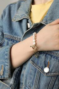 img 3 attached to 18K Gold Plated Half Pearl & Paperclip Link Bracelet For Women With Toggle Clasp