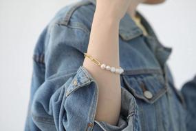 img 2 attached to 18K Gold Plated Half Pearl & Paperclip Link Bracelet For Women With Toggle Clasp