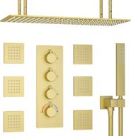 brushed gold rainfall shower system with body jets and 16x32 inch large head - 3-way thermostatic control valve logo