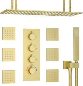 img 4 attached to Brushed Gold Rainfall Shower System With Body Jets And 16X32 Inch Large Head - 3-Way Thermostatic Control Valve