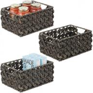 mdesign seagrass woven cabinet pantry storage organizer basket bin with handles - for kitchen, living room, bedroom, bathroom organization - holds can food, pasta, 3 pack - black wash logo