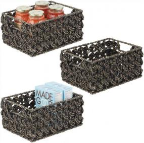 img 4 attached to MDesign Seagrass Woven Cabinet Pantry Storage Organizer Basket Bin With Handles - For Kitchen, Living Room, Bedroom, Bathroom Organization - Holds Can Food, Pasta, 3 Pack - Black Wash