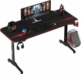 img 4 attached to JUMMICO 44 Inch Gaming Desk Racing Style Computer Desk Office PC Game Table With Free Mouse Pad T-Shaped Gamer Station With Headphone Hook, Gaming Handle Rack, Cup Holder (Black)