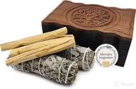 🌳 wooden box with carved tree of life design, including 2 california white sage and 4 palo santo incense логотип