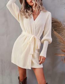 img 3 attached to Mansy Women'S Wrap V Neck Sweater Dress Tie Waist Long Lantern Sleeve Solid Fall Winter Mini Sweater Dresses
