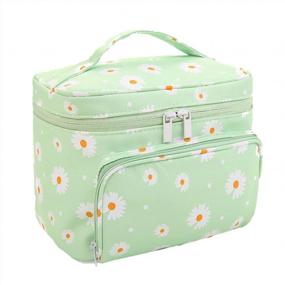 img 4 attached to HOYOFO Makeup Bags For Women Large Cosmetic Bags With Brush Holders Travel Make Up Bag, Green Daisy