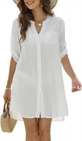 img 4 attached to Women'S 3/4 Sleeve Swimsuit Cover Up Shirt - Button Down Bathing Suit Beach Dress
