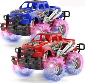 img 4 attached to Flashy LED Tire Monster Truck Toys - Set Of 2, Perfect Birthday Gift For Boys And Girls Ages 3 And Up, Friction And Push N Go Vehicles, Ideal For Kid'S Parties And Playtime Fun