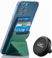 cell phone wallet with magnetic phone stand - phone cardholder securely holds phone for landscape or portrait mode/with car air vent attachment and extra magnetic strips (green) logo
