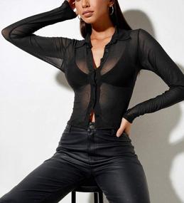 img 2 attached to Women Sexy See Through Mesh Tie Dye Button Down Long Sleeve Crop Shirt Tee Top Blouse - MISSACTIVER