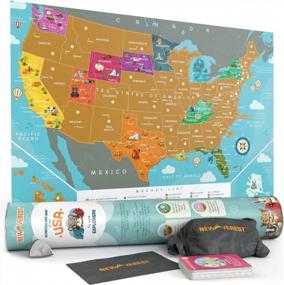 img 4 attached to Newverest Scratch Off Map Of The USA - для детей и взрослых, плакат с картой путешествия премиум-класса подходит для рамки 24 X 17 дюймов - с 50 карточками животных, инструментами для царапин, сумкой для хранения и подарочной трубкой