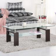 mecor rectangle glass coffee table-walnut modern side coffee table with lower shelf, metal legs-suit for living room логотип