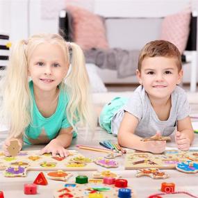 img 1 attached to 🧩 Montessori Wooden Peg Puzzles for Toddlers - 3 Pack Set of Educational Learning Toys - Cognitive Matching and Sorting for Boys and Girls, Age 1-6