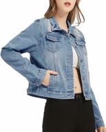fesky women's denim jacket ripped button up cropped distressed jean vintage blue trucker long sleeve logo
