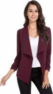 women's wine red 3/4 sleeve business blazer cardigan jacket - office work open front ruched lightweight draped logo