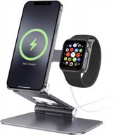 2-in-1 foldable aluminum phone charging stand for iphone 13/12 mini pro max and apple watch 7/6/5/4/3 with magsafe compatibility in grey (charger not included), by apiker logo