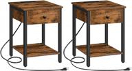 rustic brown & black end tables with charging station & usb ports - hoobro set of 2 logo