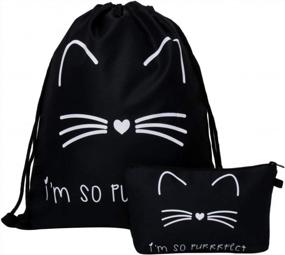 img 4 attached to 2 Piece LOOMILOO Drawstring Backpack Set - Waterproof, Durable & Printed Cat Rucksack Gym Bag