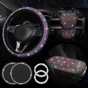 img 4 attached to 💎 Sparkling Diamond Bling Steering Wheel Cover for Women - Universal Fit 15 Inch | Shiny Auto Center Console & Gear Protective Set | Colourful Crystal Sticker & Coasters Included