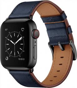 img 4 attached to OUHENG Compatible With Apple Watch Band 49Mm 45Mm 44Mm 42Mm, Genuine Leather Band Replacement Strap Compatible With Apple Watch Ultra Series 8/7/6/5/4/3/2/1/SE2/SE, Dark Blue Band With Black Adapter