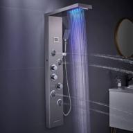rovate led shower panel tower system with rainfall shower, multi-function massage, handheld and temperature display, brushed finish - includes tub spout and 3 modes logo
