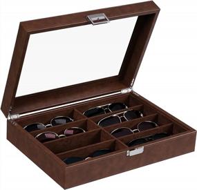 img 4 attached to Bewishome Brown Sunglasses Organizer: 8-Slot Eyeglasses Storage Box With Clear Glass Top And Faux Leather For Men (Model SSH38Z)