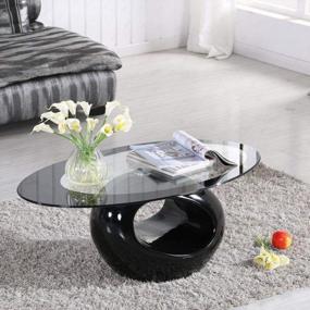 img 1 attached to Современный черный овальный стеклянный журнальный столик с круглым полым основанием - идеально подходит для домашней мебели для гостиной!