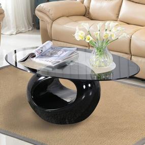 img 4 attached to Современный черный овальный стеклянный журнальный столик с круглым полым основанием - идеально подходит для домашней мебели для гостиной!