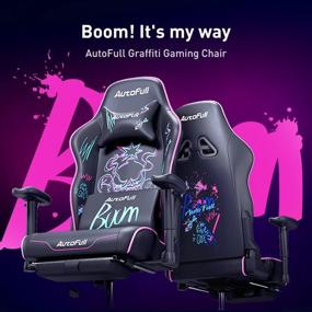 img 3 attached to AutoFull Graffiti Gaming Chair Большое и высокое эргономичное компьютерное кресло Регулируемое качание Износостойкое сверхмягкое гоночное кресло из искусственной кожи с вышивкой Поясничная опора и подставка для ног, фиолетовый