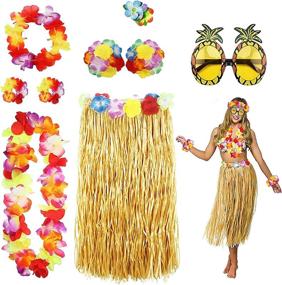 img 4 attached to Приготовьтесь к хуле с комплектом для вечеринки PHOGARY'S Hawaiian Luau Party Kit из 8 предметов: юбка хула, топ бикини с цветком, гавайские леи, заколка для волос из гибискуса, солнцезащитные очки в виде ананасов и многое другое!