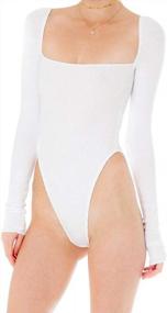 img 2 attached to Women'S Knit Jumpsuit Bodysuits Square Neck Long Sleeve Stretch Bodycon Leotard Tops