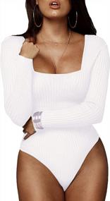img 3 attached to Women'S Knit Jumpsuit Bodysuits Square Neck Long Sleeve Stretch Bodycon Leotard Tops