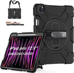 img 4 attached to 📱 iPad Pro 12.9 Case 2021 5th Gen: Military Grade Shockproof Silicone Protective Cover with Pencil Holder Stand, Handle, and Shoulder Strap - Black