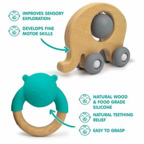 img 2 attached to Teething Relief And Fun With Wooden Baby Toys: Elephant & Ring Shaker Set - Food-Grade Teething Ring And Rattle Enclosed In A Push-Along Natural Wood Elephant