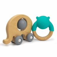 teething relief and fun with wooden baby toys: elephant & ring shaker set - food-grade teething ring and rattle enclosed in a push-along natural wood elephant logo