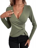 women's slim fit long sleeve deep v neck wrap button ribbed tunic t-shirt top logo