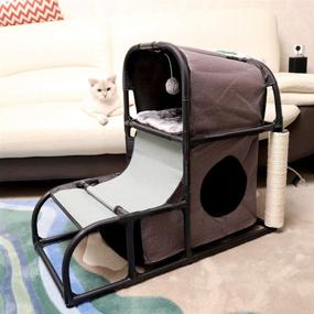 img 4 attached to 🐱 Goetland Modern Cat Tree House Condo: Large Pet Furniture Tower with Bed, Scratching Post, Climbing Features, Peek Holes, and Dangling Toy