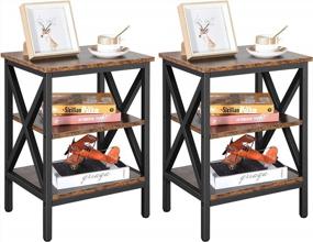 img 4 attached to Набор из 2 трехуровневых промышленных боковых столиков YITAHOME X-Design для небольших помещений - тумбочка для фермерского дома, прикроватный столик для дивана с полкой для хранения, простая сборка, коричневый