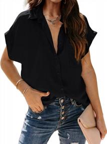 img 4 attached to Женская рубашка с коротким рукавом и V-образным вырезом, пуговицами и карманами - универсальная повседневная блузка