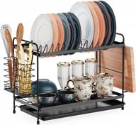 2-tier small dish rack with drainboard and utensil holder for kitchen counter - rust-resistant compact dish drainer with cutting board holder - gslife black logo
