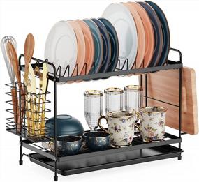 img 4 attached to 2-Tier Small Dish Rack With Drainboard And Utensil Holder For Kitchen Counter - Rust-Resistant Compact Dish Drainer With Cutting Board Holder - GSlife Black