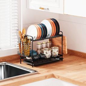 img 3 attached to 2-Tier Small Dish Rack With Drainboard And Utensil Holder For Kitchen Counter - Rust-Resistant Compact Dish Drainer With Cutting Board Holder - GSlife Black