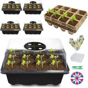 img 4 attached to 5 Pack Seed Starter Tray Kit: 60 Cell Peat Pots, Plant Labels, Tools & Gloves For Greenhouse Germination Growing Starting