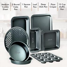 img 2 attached to PERLLI 8 Piece Nonstick Carbon Steel Bakeware Set - Gray Oven Safe Kitchen Set With Cookie Sheet, 2 Round Cake Pans, Square Pan, Loaf Pan, Deep Dish Pan, Pizza Crisper & 12 Cup Muffin Pan