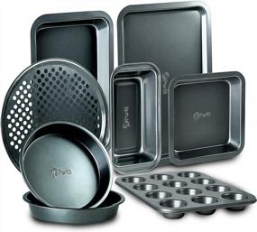 img 4 attached to PERLLI 8 Piece Nonstick Carbon Steel Bakeware Set - Gray Oven Safe Kitchen Set With Cookie Sheet, 2 Round Cake Pans, Square Pan, Loaf Pan, Deep Dish Pan, Pizza Crisper & 12 Cup Muffin Pan